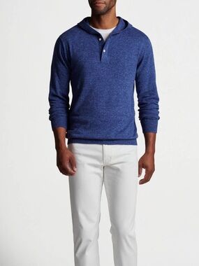 Peter Millar Long Sleeve Cotton Linen Ryles Henley Hoodie Blue Men’s Large